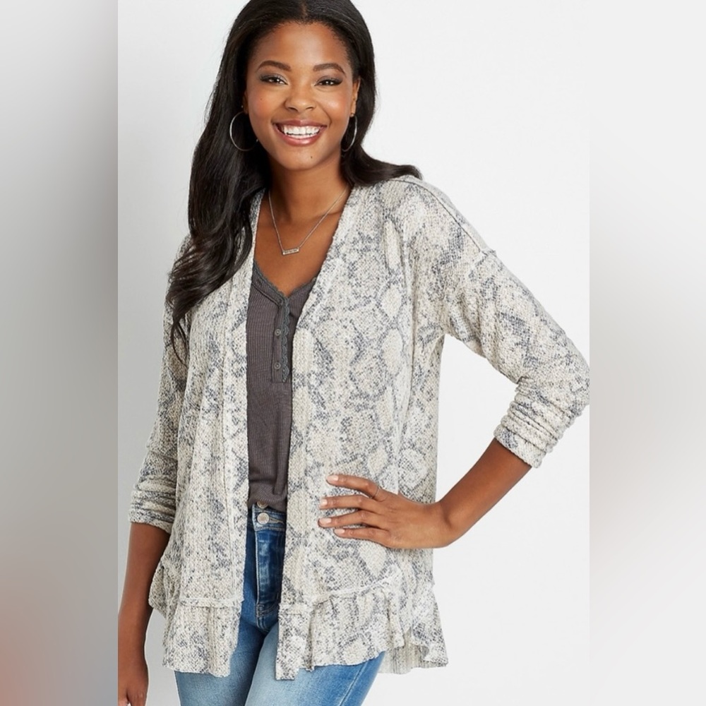 Maurice’s Snakeskin Ruffle Hem Open Front Cardigan